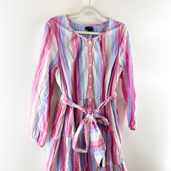 J. Crew Belted Button Up Long Sleeve Mini Dress in Pastel Stripe Purple Pink M - Picture 10 of 10